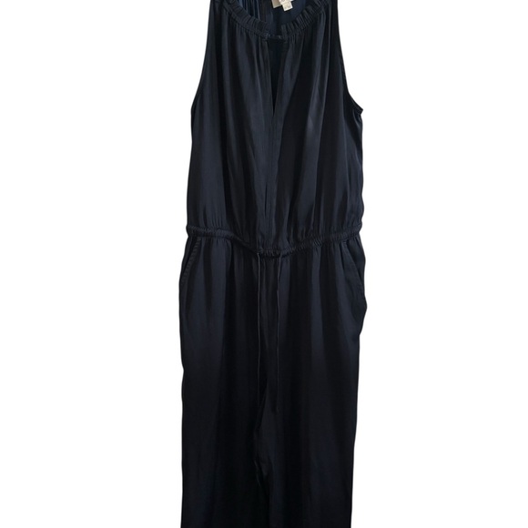 LOFT Women’s Halter Jumpsuit Straight Leg Drawstring Waist Pockets Navy Size MT - Picture 1 of 11